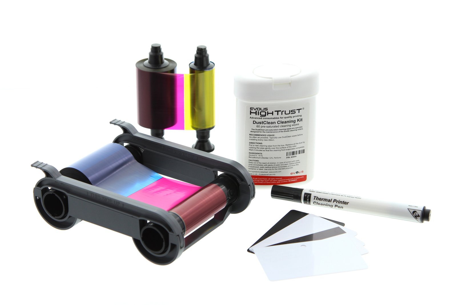 Ribbon YMCKO original Evolis e kit de limpeza HighTrust